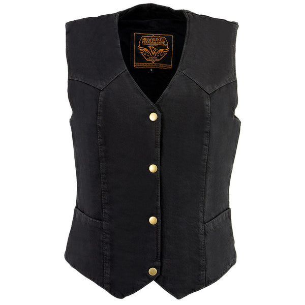 Milwaukee Leather MDL4000 Women's Black Denim 4-Snap Button Closure Motorcycle Rider Vest