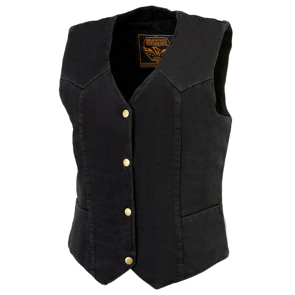 Milwaukee Leather MDL4000 Women's Black Denim 4-Snap Button Closure Motorcycle Rider Vest
