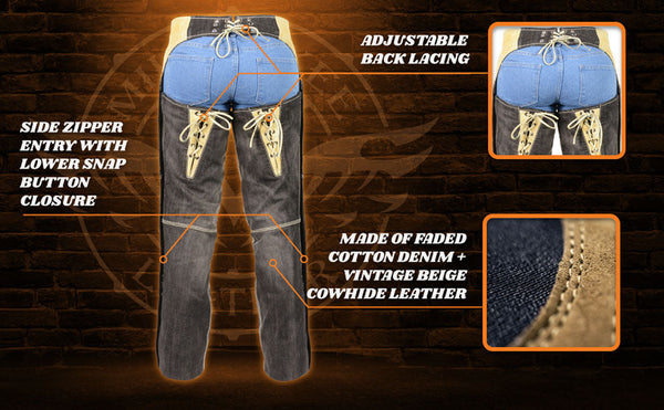 Milwaukee Leather MDL6905 Women's Two Tone Black and Beige Denim and Leather Chaps with Two Front Pockets