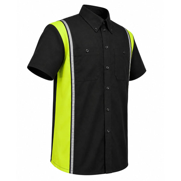 Milwaukee Motorcycle Clothing Co. Men’s Blk/Green Mechanic Work Shirt – w / Reflective Strip, Rider‑Built MDM11611