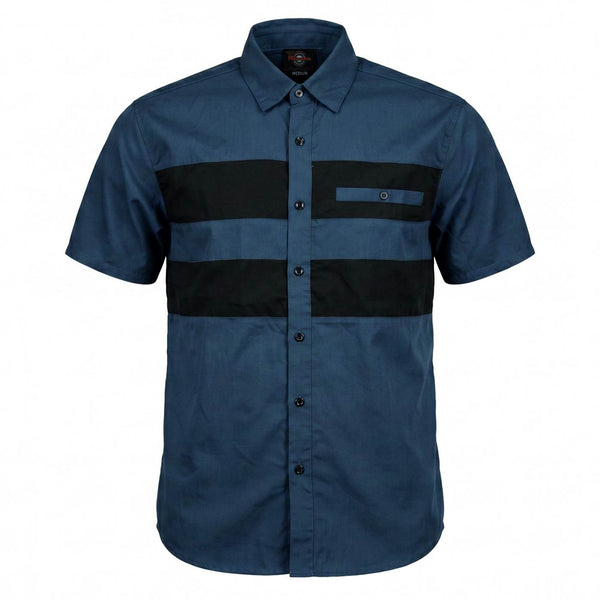 MMCC Men’s 'Double Down' Blue/Black Short Sleeve Mechanic Work Shirt - w/ Single Pocket - MDM11625