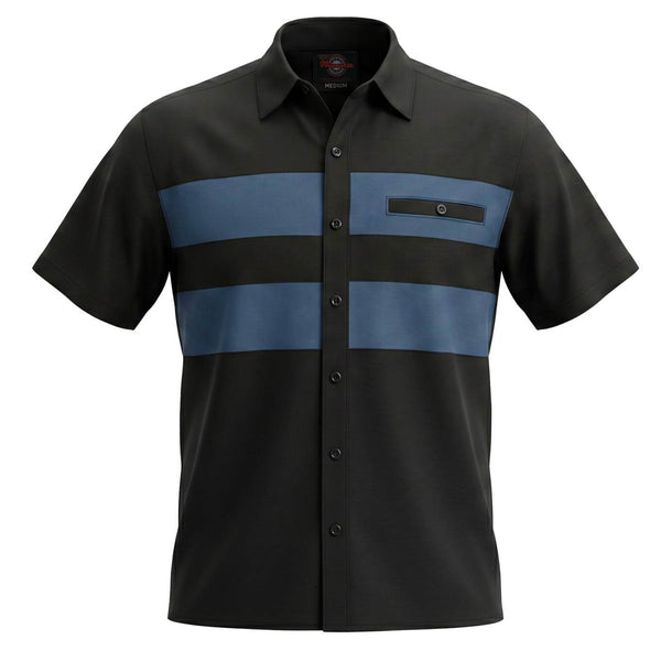 MMCC Men’s 'Double Down' Black/Blue Short Sleeve Mechanic Work Shirt - w/ Single Pocket - MDM11626