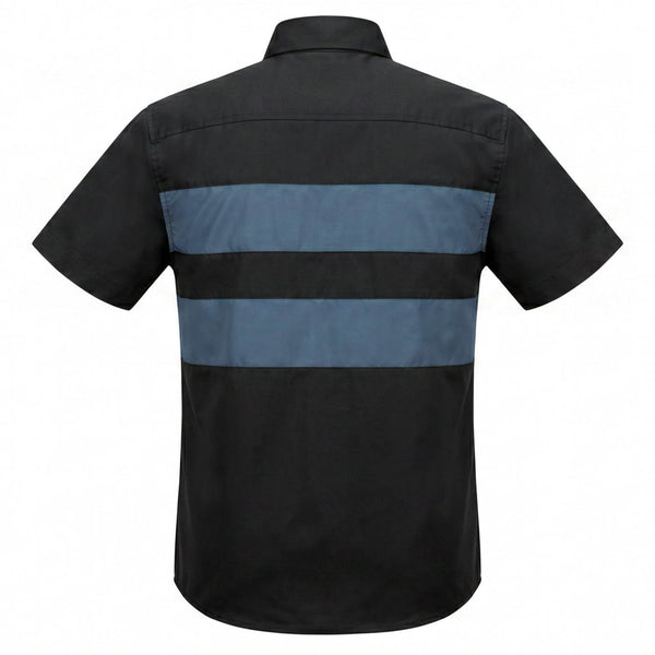 MMCC Men’s 'Double Down' Black/Blue Short Sleeve Mechanic Work Shirt - w/ Single Pocket - MDM11626