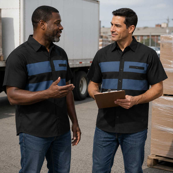 MMCC Men’s 'Double Down' Black/Blue Short Sleeve Mechanic Work Shirt - w/ Single Pocket - MDM11626