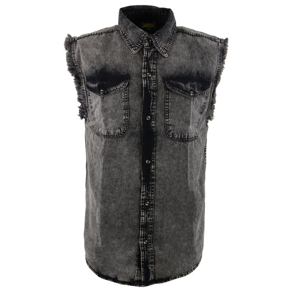 Milwaukee Leather MDM11683 Men’s Classic Beige/Black Button-Down Cut Off Frayed Sleeveless Casual Shirt