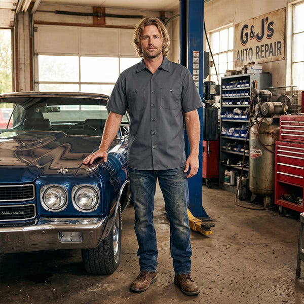 MMCC Men's Charcoal Super Duty Classic Mechanic Button Up Shirt - 2 Chest Pockets - Microfiber Panel - MDM11687