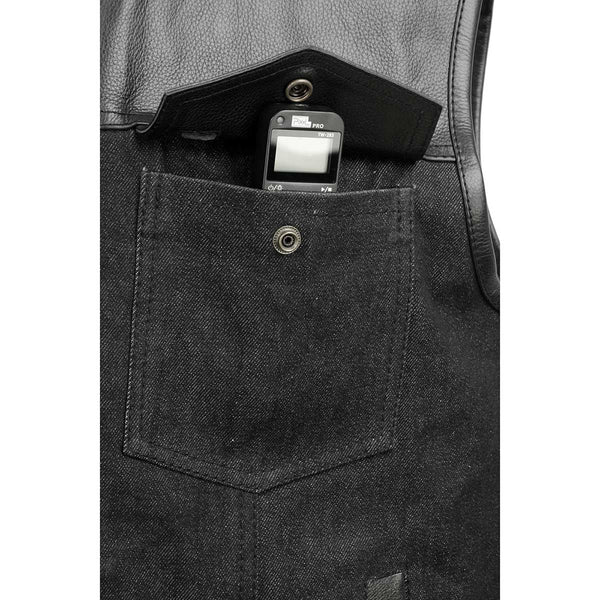 Milwaukee Leather MDM3003 Men's 'Brute' Concealed Snap Black Denim and Black Leather Club Style Vest w/ Hidden Zipper