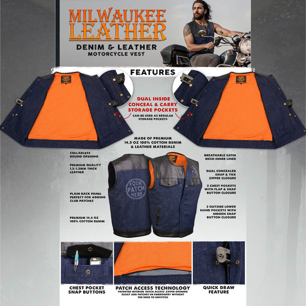 Milwaukee Leather MDM3004 Men's Brute Dual Closure Blue Denim and Black Leather Club Style Vest