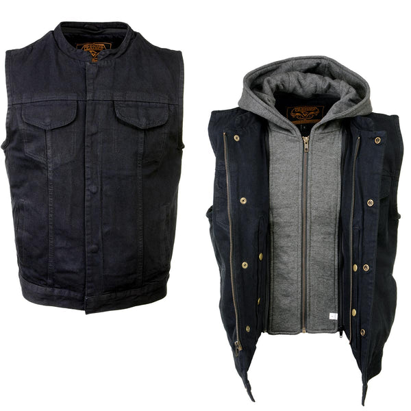 Milwaukee Leather MDM3015 Men's 'Rustic' Black Denim Motorcycle Riding Vest with Hoodie