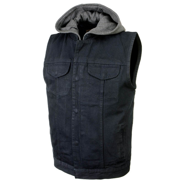Milwaukee Leather MDM3015 Men's 'Rustic' Black Denim Motorcycle Riding Vest with Hoodie