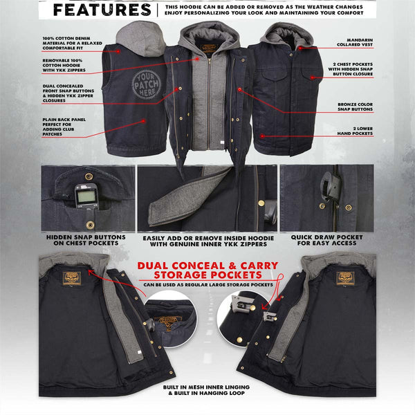 Milwaukee Leather MDM3015 Men's 'Rustic' Black Denim Motorcycle Riding Vest with Hoodie
