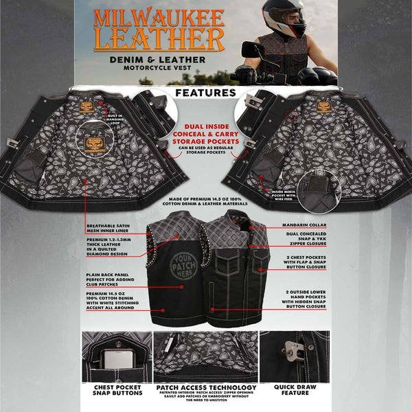 Milwaukee Leather MDM3035 Men’s Wrecker Club Vest – Black Denim & Leather, Diamond Quilt, White Stitch