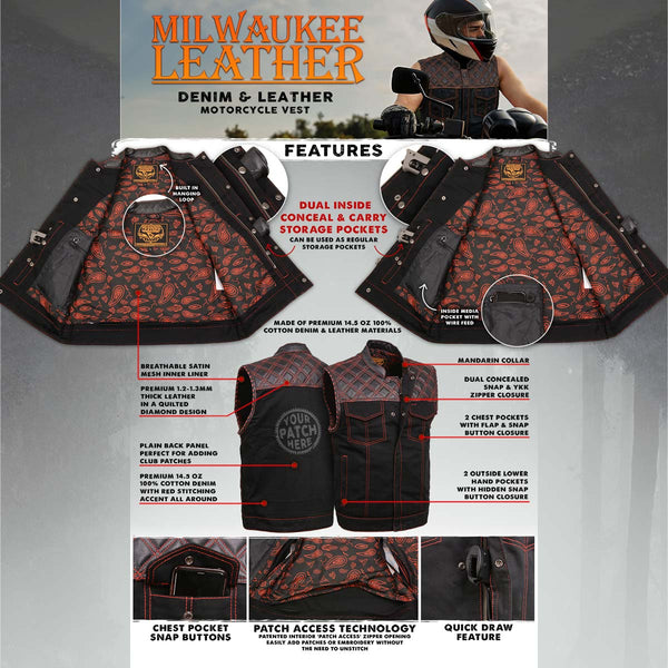 Milwaukee Leather MDM3036 Men’s Wrecker Club Vest – Black Denim & Leather, Diamond Quilt, Red Stitch