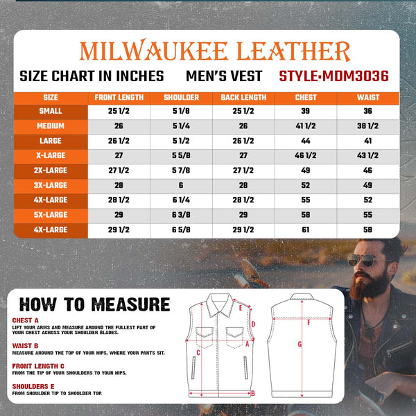 Milwaukee Leather MDM3036 Men’s Wrecker Club Vest – Black Denim & Leather, Diamond Quilt, Red Stitch