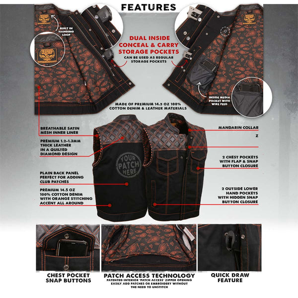 Milwaukee Leather MDM3037 Men’s Wrecker Club Vest – Black Denim & Leather, Diamond Quilt, Orange Stitch