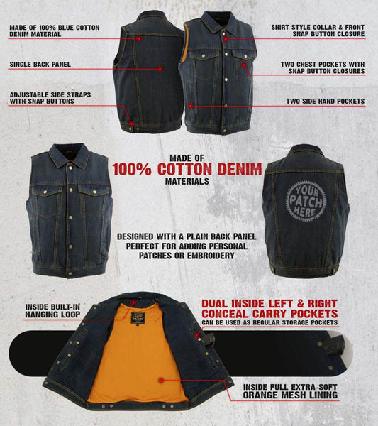 Milwaukee Leather Men's Outrider Blue Denim Motorcycle Rider Vest with Shirt Collar - MDM3080