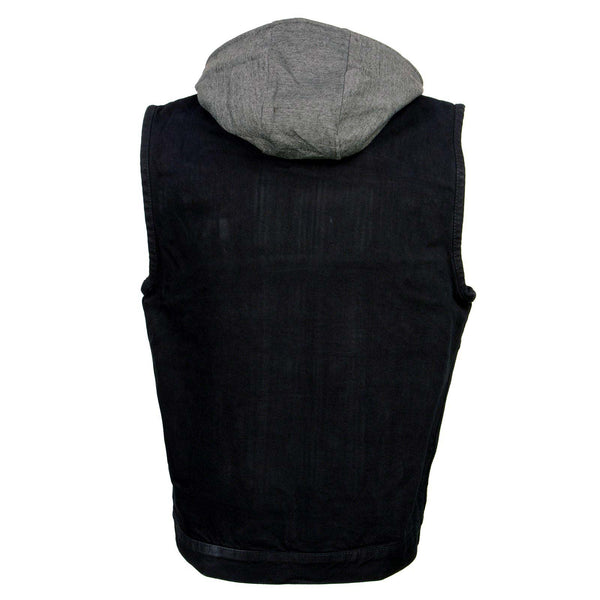 Milwaukee Leather Men's Rustic Black Denim Motorcycle Riding Vest with Removable Hoodie - MDM3082