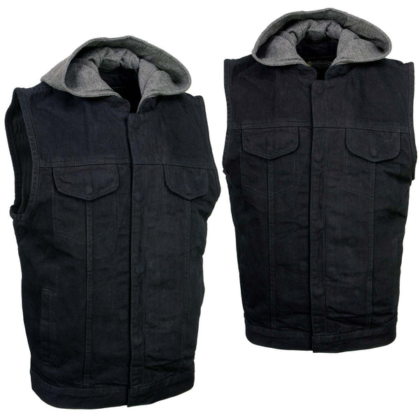 Milwaukee Leather Men's Rustic Black Denim Motorcycle Riding Vest with Removable Hoodie - MDM3082