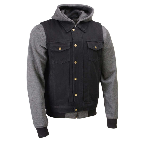 Milwaukee Leather Men's s Black Denim Club Style Motorcycle Vest w/ Removable Hoodie - MDM3083