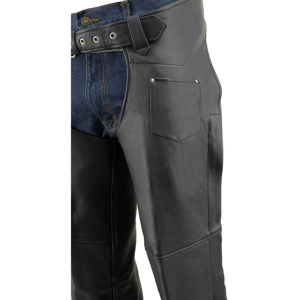 Milwaukee Leather Men's Black Premium Leather Fully Lined Motorcycle Chaps w/ Front Coin Pocket ML1115