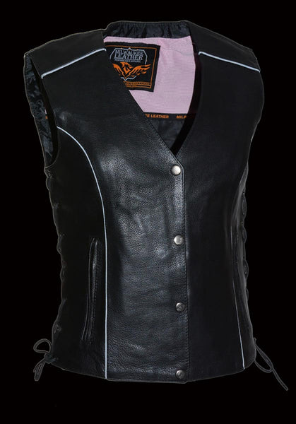 Milwaukee Leather ML1293 Women's Black and Pink ‘Wing Studded’ Leather Vest