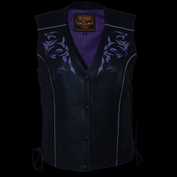 Milwaukee Leather ML1296 Women's Black/Purple Leather Side Laced Motorcycle Vest w/ Reflective Tribal