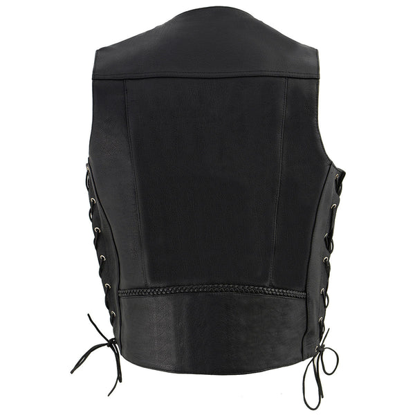 Milwaukee Leather ML1359 Men's Black Premium Leather Side Lace Motorcycle Rider Vest w/ Buffalo Nickel Snaps Closure