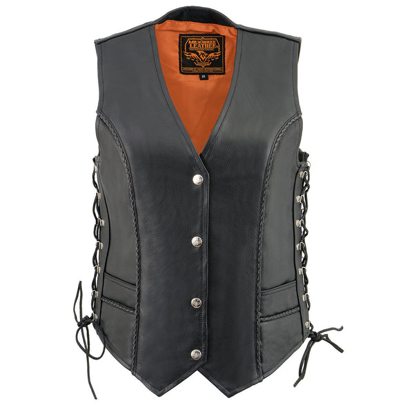 Milwaukee Leather ML2042 Women's Black Braided Premium Leather Motorcycle Rider Vest w/ Side Laces