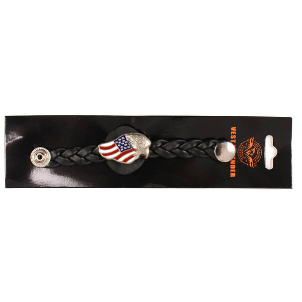Milwaukee Leather MLA1062-Single Eagle USA Flag Vest Extender Double Chrome Chains w/ Genuine Braided Leather 4" Extension