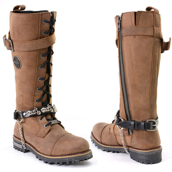 Milwaukee Leather Motorcycle Boot Chain - Silver Chain & Buckle, Motorcycle Medallion Accent - MLA3003