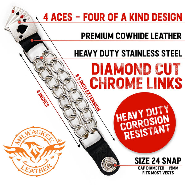 Milwaukee Leather 4 Aces Medallion Vest Extender - Double Chrome Chains Genuine Leather 6.5" Extension MLA1007-Single