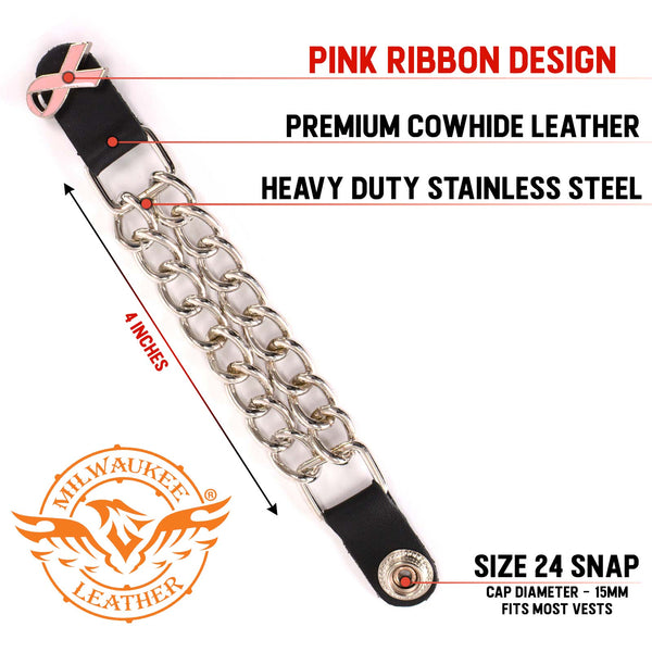 Milwaukee Leather Pink Ribbon Medallion Vest Extender - Double Chrome Chains Genuine Leather 6.5" Extension MLA1021-Single