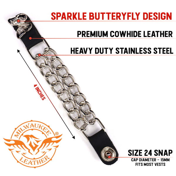 Milwaukee Leather Sparkle Butterfly Medallion Vest Extender - Double Chrome Chains Genuine Leather 6.5" Extension MLA1022-Single