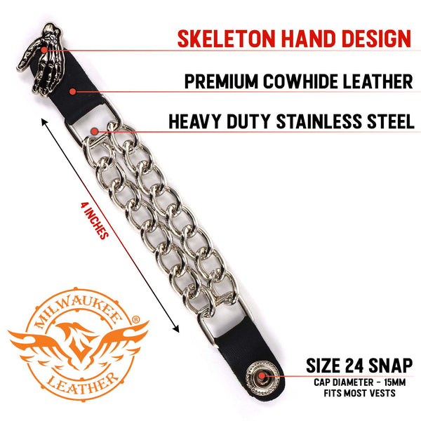 Milwaukee Leather Skeleton Hand Medallion Vest Extender - Double Chrome Chains Genuine Leather 6.5" Extension MLA1026-Single