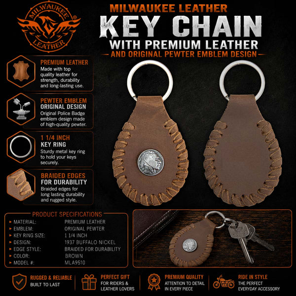 Milwaukee Leather Brown 1937 Buffalo Nickel Keychain - Vintage Indian Head Coin - MLA9510