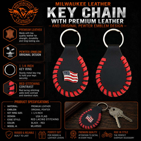 Milwaukee Leather Black and Red USA Flag Pewter Emblem Key Chain - MLA9514