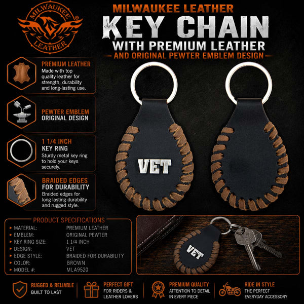 Milwaukee Leather Black and Brown VET Pewter Emblem Key Chain - MLA9520