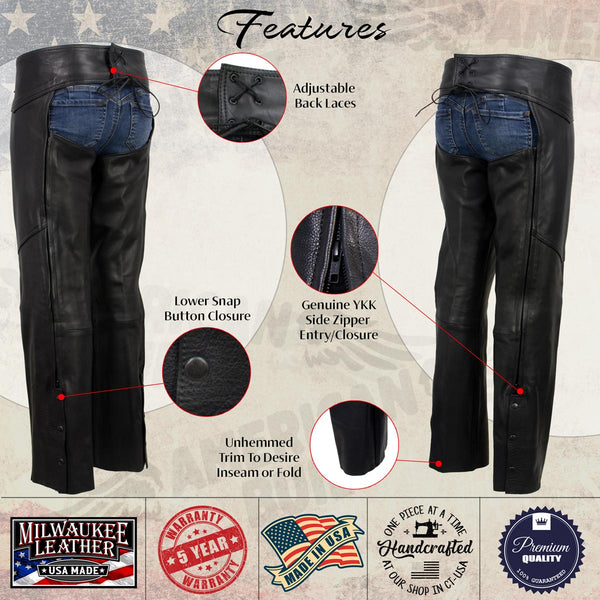 Milwaukee Leather USA MADE MLCHL5001 Women's Black Shade Premium Leather Motorcycle Chaps