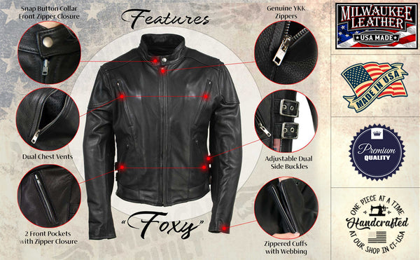 Milwaukee Leather USA MADE MLJKL5001 Women's Black Foxy Premium Motorcycle Leather Jacket with Vents