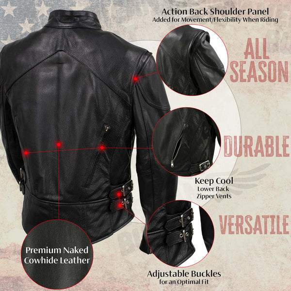 Milwaukee Leather USA MADE MLJKL5001 Women's Black Foxy Premium Motorcycle Leather Jacket with Vents