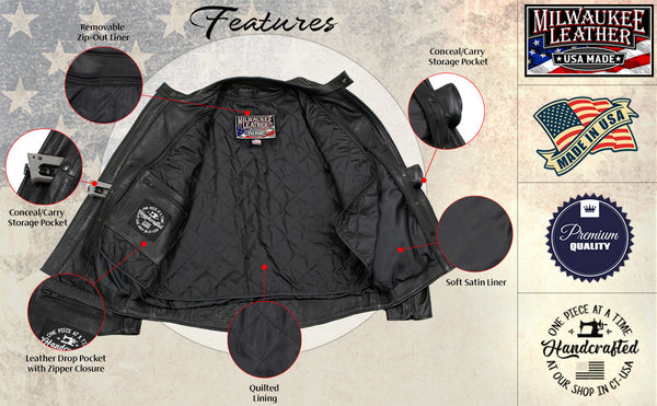 Milwaukee Leather USA MADE MLJKM5001 Men's Black Road Racer Premium Leather Motorcycle Jacket
