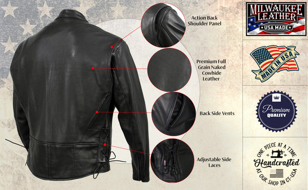 Milwaukee Leather USA MADE MLJKM5002 Men's Black Air Stream Vented Premium Leather Motorcycle Jacket with Side Laces