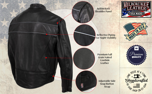 Milwaukee Leather USA MADE MLJKM5003 Men's Black Echo Premium Leather Motorcycle Jacket with Reflective Piping