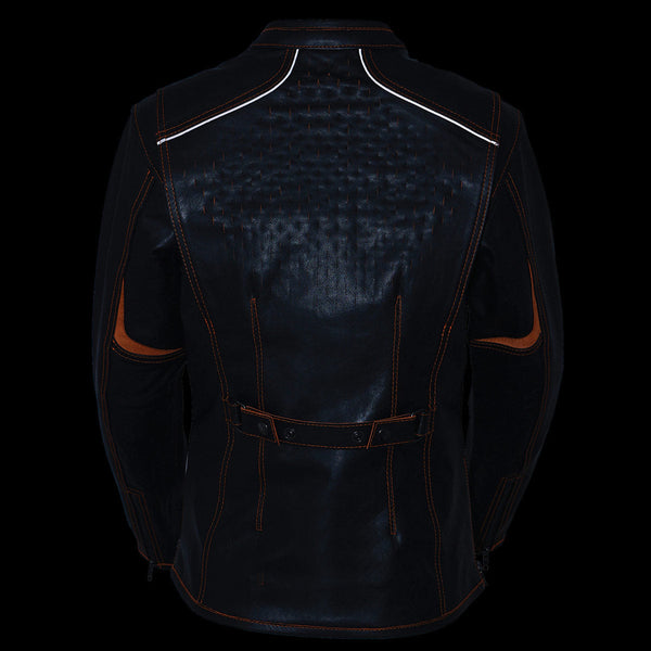 Milwaukee Leather MLL2502 Women's 'Laser Cut' Distressed Black and Orange Scuba Style Racer Jacket
