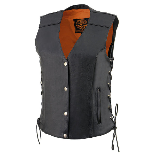 Milwaukee Leather MLL4500 Women's Classic Black Leather V-Neck Motorcycle Rider Vest w/ Side Laces