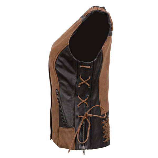 Milwaukee Leather Women's MLL4509 Smoocher Two Tone Crazy Horse Brown and Black Leather Club Style Motorcycle Vest
