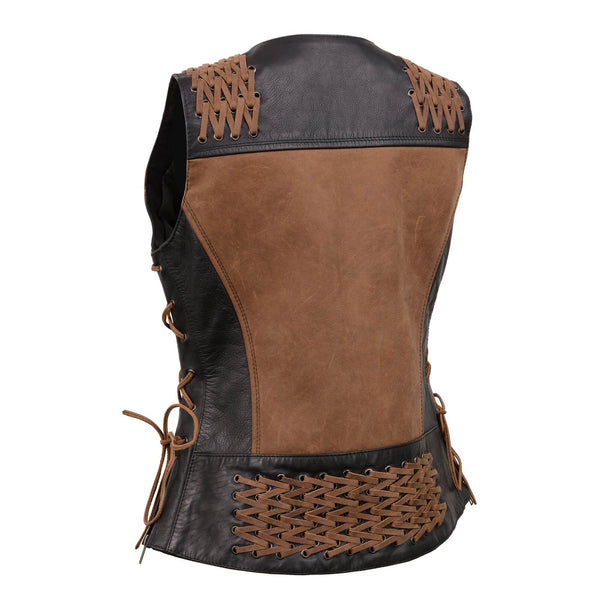 Milwaukee Leather Women's MLL4509 Smoocher Two Tone Crazy Horse Brown and Black Leather Club Style Motorcycle Vest