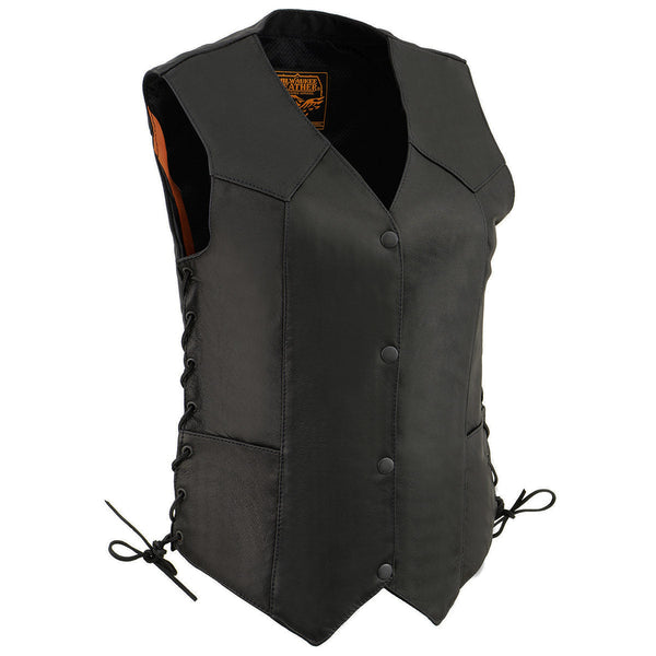 Milwaukee Leather MLL4546 Women's Black Premium Leather Lightweight V-Neck Motorcycle Rider Vest w/ Side Laces