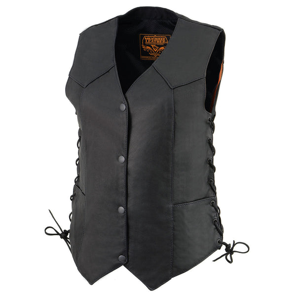 Milwaukee Leather MLL4546 Women's Black Premium Leather Lightweight V-Neck Motorcycle Rider Vest w/ Side Laces