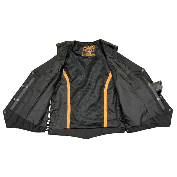 Milwaukee Leather MLL4560 Women's Black Premium Leather Classic Braided Side Lace Deep V-Neck Motorcycle Rider Vest